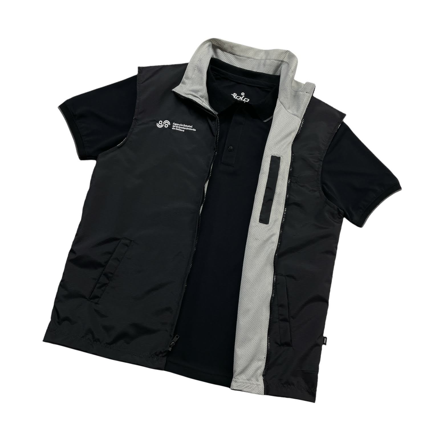 chalecos, uniformes, moda empresas, ropa de trabajo, chalecos estampados, ropa escolar. chalecos negro estampado